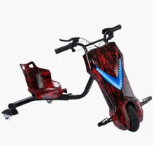 Red and black electric scooter with seat, blue LED front light, side view