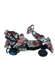 Huitich electric go kart for kids with black red and white graffiti design and safety harness