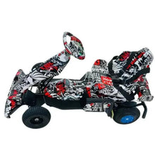 Kids electric go kart with safety harness, black/white/red graffiti pattern, 4 wheels