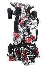 Kids electric go kart with safety harness, patterned seat and body, black/white/red