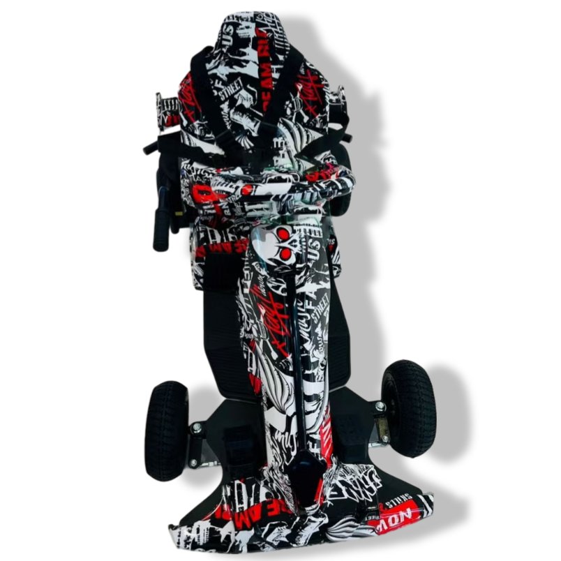 Huitich electric go kart for kids with black red and white graffiti design and sturdy tires