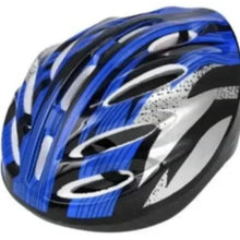 Blue and black bicycle helmet with glossy stripes