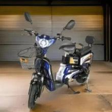 Electric grocery delivery bike with front basket and two-tone blue frame