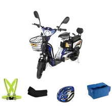 Electric grocery delivery bike with front basket and headlight, blue and black frame