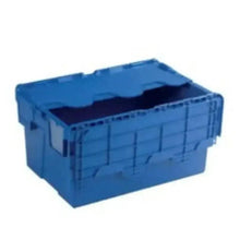 Blue plastic delivery crate with open top