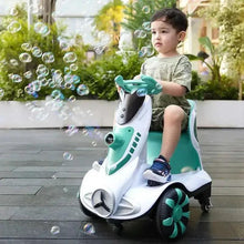 Kids electric bubble car on wheels, white body with mint green seat and front