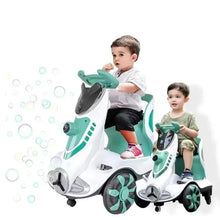 Kids electric bubble car, white with mint green accents, bubble canopy front
