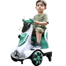 Kids electric bubble car with mint green bubble handlebars and white body