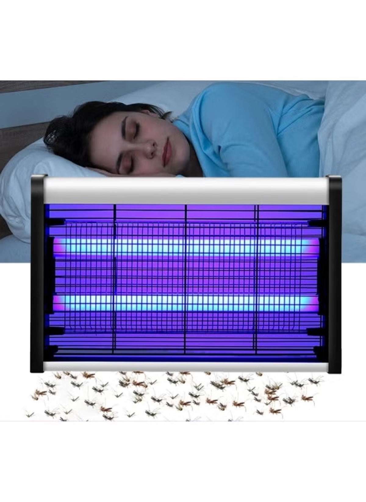 Huitich electric mosquito killer lamp glowing blue with sleeping woman in background and dead insects below
