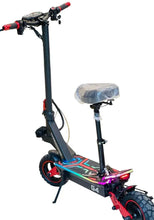 Electric scooter side view with black stem, blue deck, red grips, and padded seat.