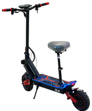 Electric scooter with black frame, blue deck, red wheel accents, and padded seat.
