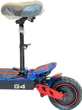 Electric scooter front-side view with padded seat, black handlebars, and blue deck panel.