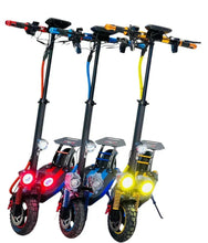 Set of three electric scooters with black frames and colored accents, glowing front headlights