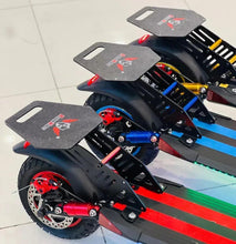 Electric scooter with dual folding decks, disc brakes, and red LED lights
