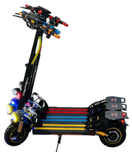 Electric scooter, black deck with red stripes, glowing front lights, and handlebar with display