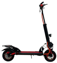 Electric scooter, side view with black deck, red cable accents, front wheel and headlight