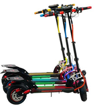 Electric scooter, black deck with multicolor LED strip lighting, front wheels with disc brakes