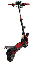 Electric scooter, black deck with red accents, front LED lights, and handlebar display