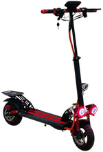 RohaN KT4B electric scooter, black frame with red stripes, front headlight and wheel detail