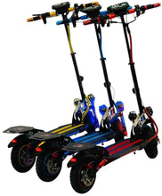 Set of three electric scooters, black decks with blue, yellow, and red stripes, LED headlights