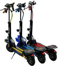 Set of three electric scooters with black decks, colored cables, and glowing front LEDs