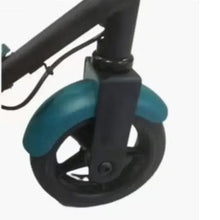 Electric scooter front wheel with teal fender and black tire, detail view