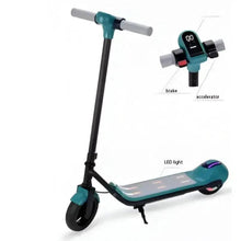 Kids electric scooter side view, teal frame and deck with LED strip