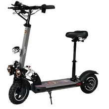 Electric bike scooter with black handlebars and gray frame, front headlight detail