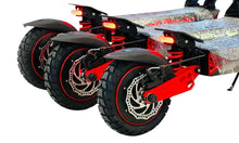 Electric scooter side view with black tires, red fenders, disc brakes, red LEDs
