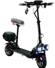 Black electric scooter with front headlight, blue lights, and padded seat with rear box