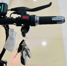 Electric scooter handlebar with LED display, brake lever, and accessory keychain
