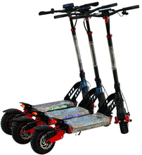 Electric scooter with patterned deck, red rear accents, black frame, red suspension
