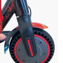Electric scooter front wheel and fork with red rim accents and treadless solid tire