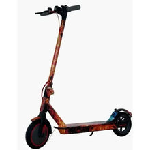 Electric scooter with red and black patterned deck and front solid wheel