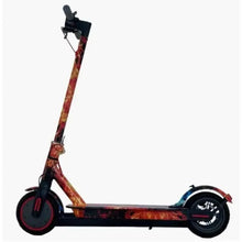 Electric scooter side view with red-black deck, handlebar, and solid rear wheel