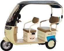 Electric 3-wheel tricycle with two brown seats, open front, beige body and blue cover