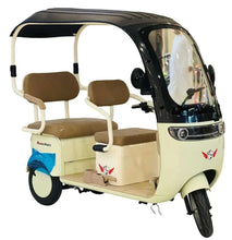 Electric 3-wheel tricycle with two brown seats and black canopy, beige body