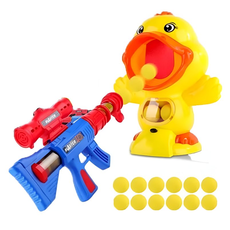 Huitich electronic duck shooting target toy with yellow duck figure, blue and red toy gun, and yellow foam balls