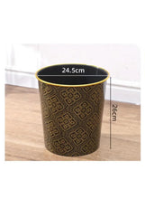 Decorative trash can size view: gold pattern, black interior, gold rim