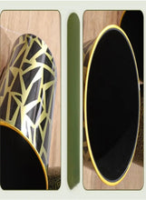 Rectangular view of trash can with side openings and gold-trimmed black lids