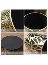 Trash can lid and open top showing gold trim, patterned side and black base