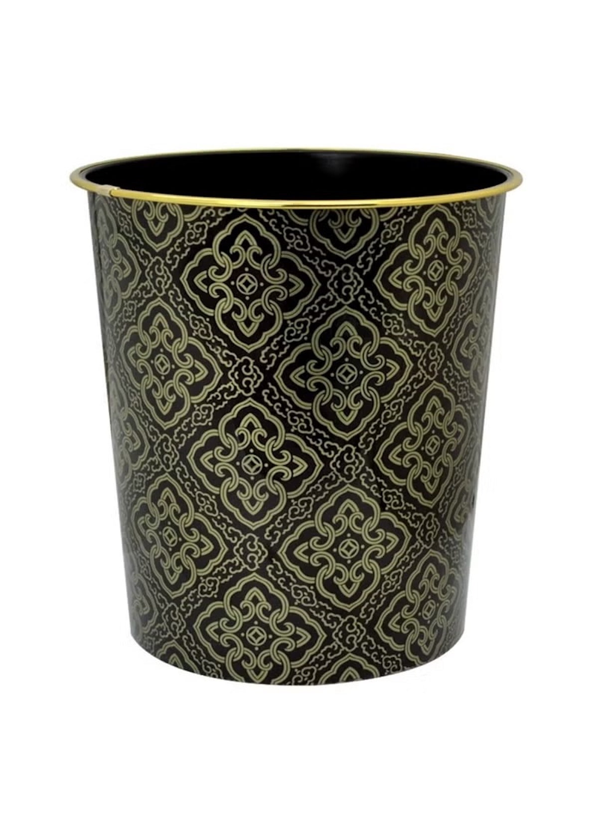 Elegant black trash can with gold decorative pattern by Huitich for stylish waste disposal