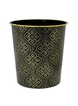 Decorative trash can with gold patterned sides and black interior, gold rim