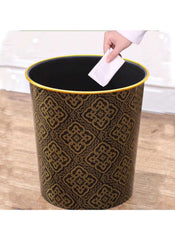 Huitich elegant black trash can with gold decorative pattern and yellow rim on wooden floor