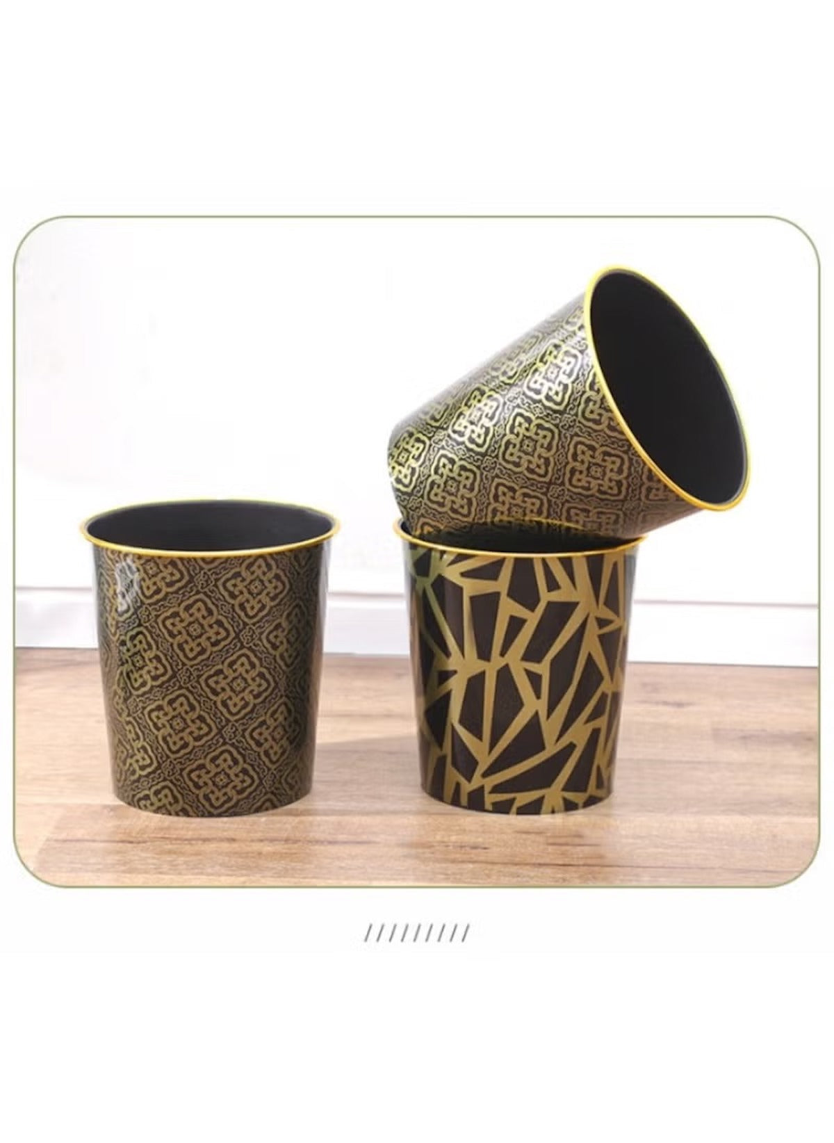 Huitich elegant black trash can set with gold geometric patterns for stylish waste disposal