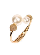 Gold-tone bead bracelet with textured mesh balls and two white pearl drops
