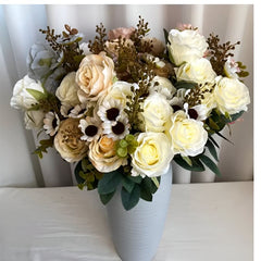 Huitich wedding centerpiece artificial flowers in white and cream shades arranged in a gray vase for elegant decor