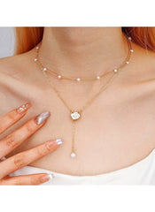 Huitich elegant Y-shaped necklace for women with pearl accents and gold chain detail