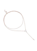 Silver-tone Y-shaped necklace with pearl beads and a small dangling drop charm