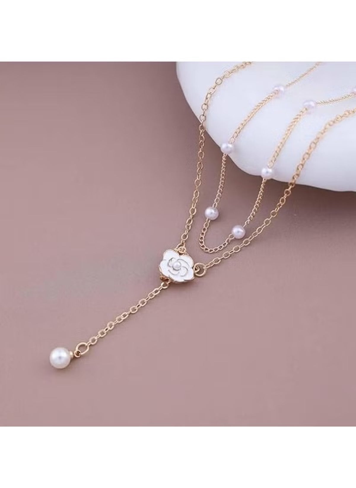 Huitich elegant Y-shaped necklace for women with gold chain, white flower pendant, and pearl accents